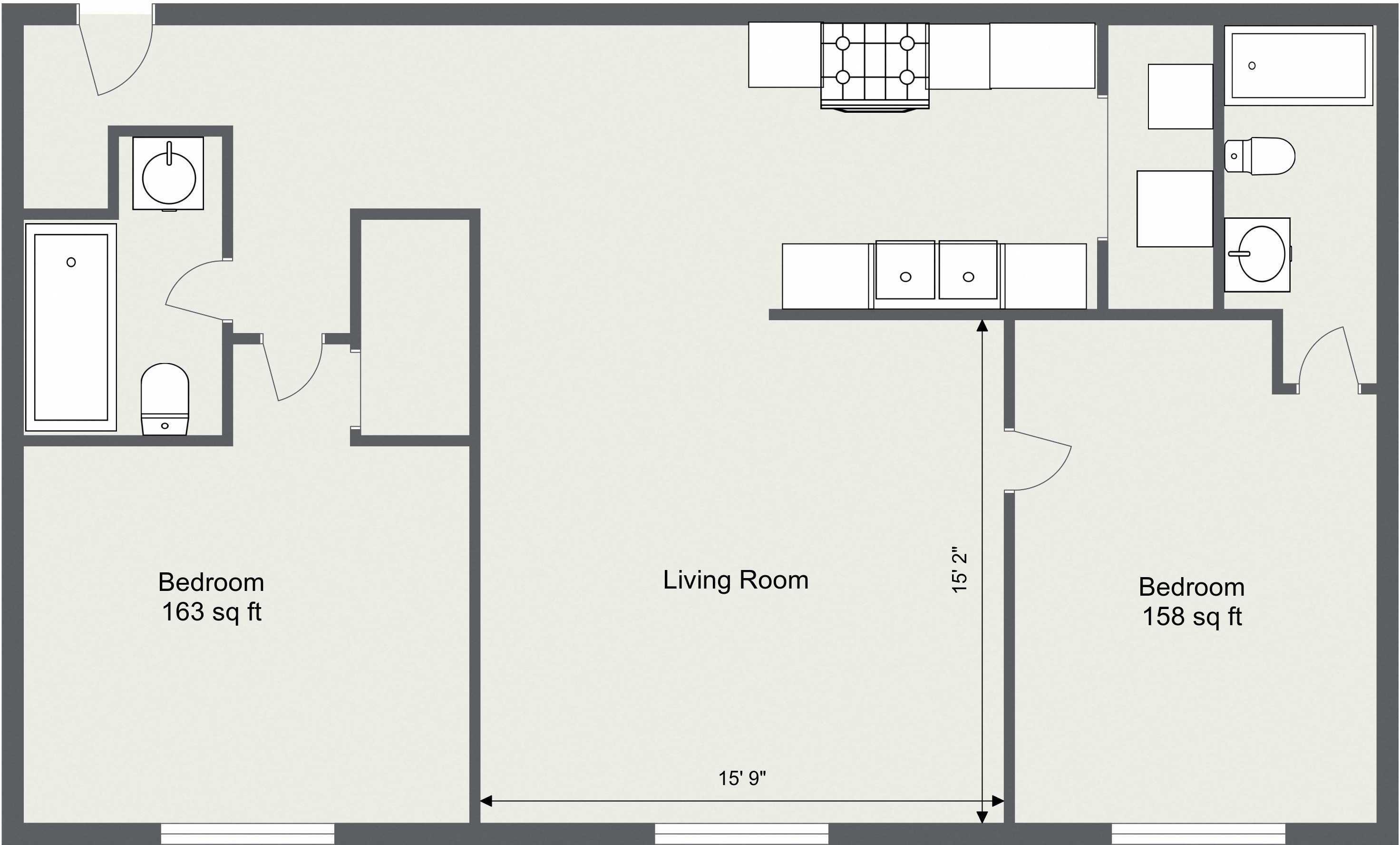 Floor plan layout diagram for 2 Bedroom 2 Bath  G (990 sq ft)